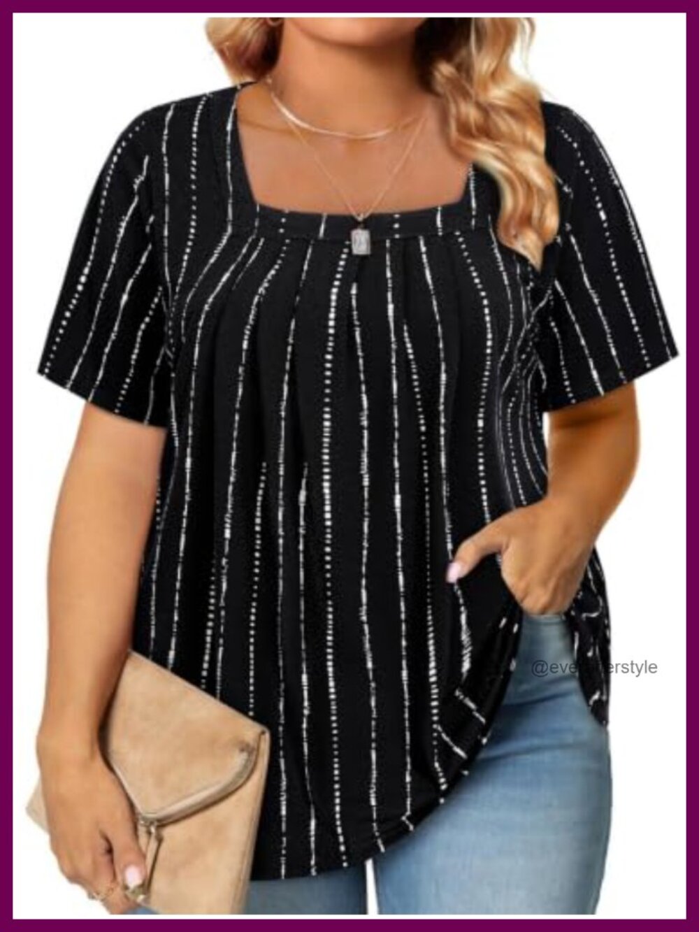 Plus Size Square Neck Tunic Top Short Sleeve Curvy Blouse